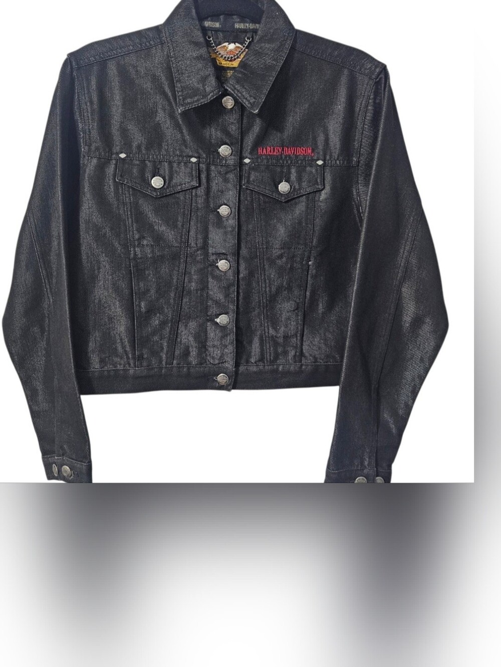Harley-Davidson Size S Women's Black Denim Jacket w/Metallic & Red Embroidery
